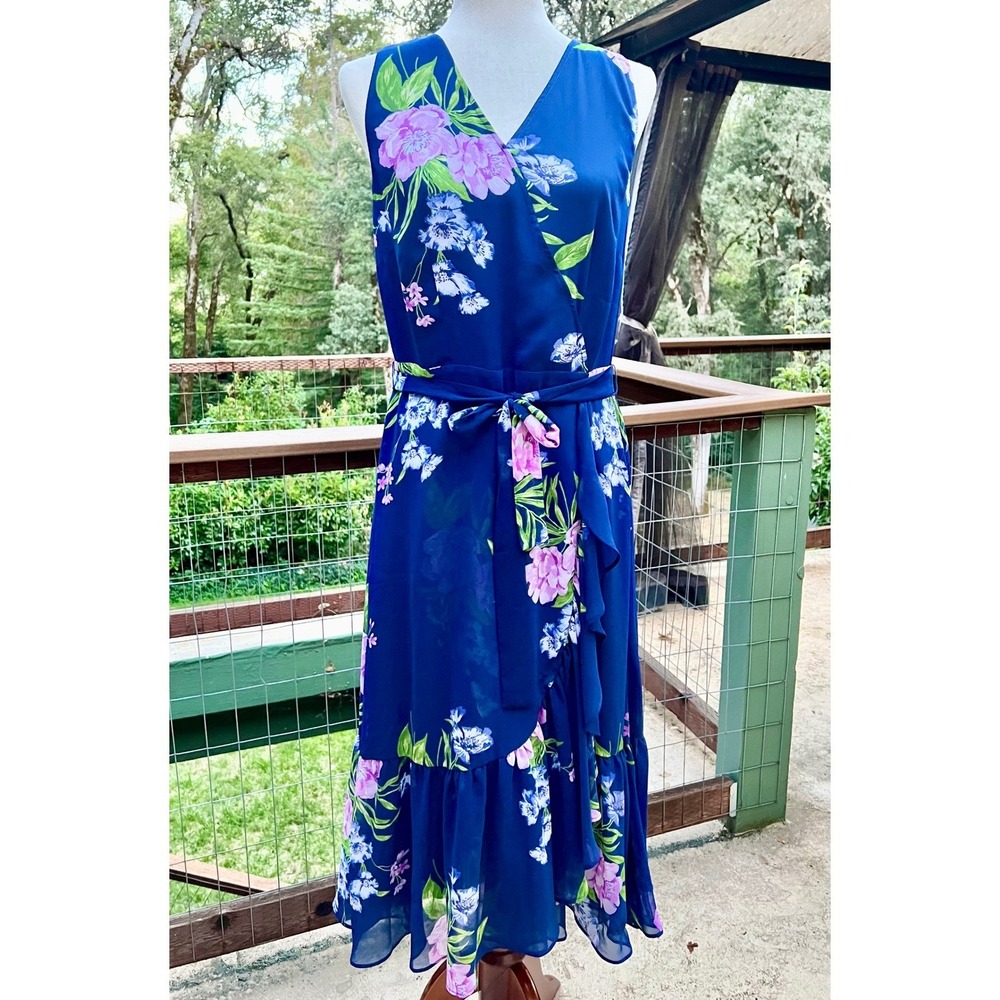 NWT Talbots 6 Georgette Painterly Chiffon Faux Wrap Midi Dress Cascading Ruffle - Picture 2 of 9